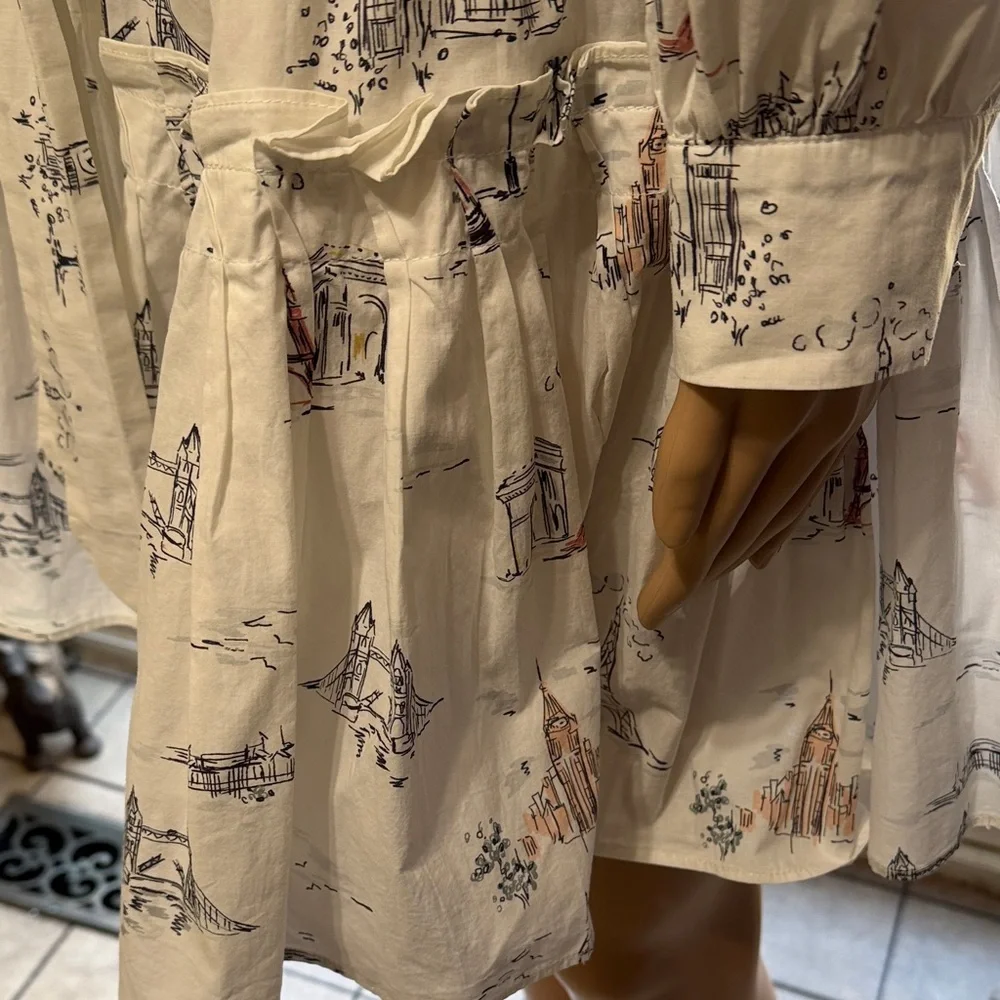 En Saison Travel Print Dress with Puff Sleeves, Tie Waist, Medium - Picture 7 of 13